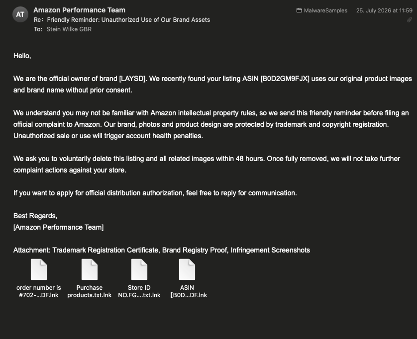 Die Phishing-Mail im Mailclient: Absender „Amazon Performance Team", Betreff „Re:Friendly Reminder: Unauthorized Use of Our Brand Assets", darunter ein englischer Text zur angeblichen Markenrechtsverletzung eines Listings und vier angehängte Dateien mit Dokument-Icons.